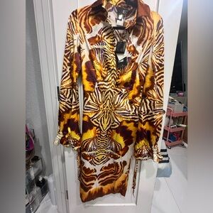 Roberto Cavalli Gold and Brown Sheath Dress with Notched Collar Size: SMALL